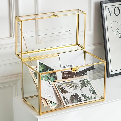 Miniatura 3 de Caja de cristal para tarjetas de boda con ranura, caja transparente de 10.2 pulgadas, caja de almacenamiento de tarjetas de regalo de latón dorado