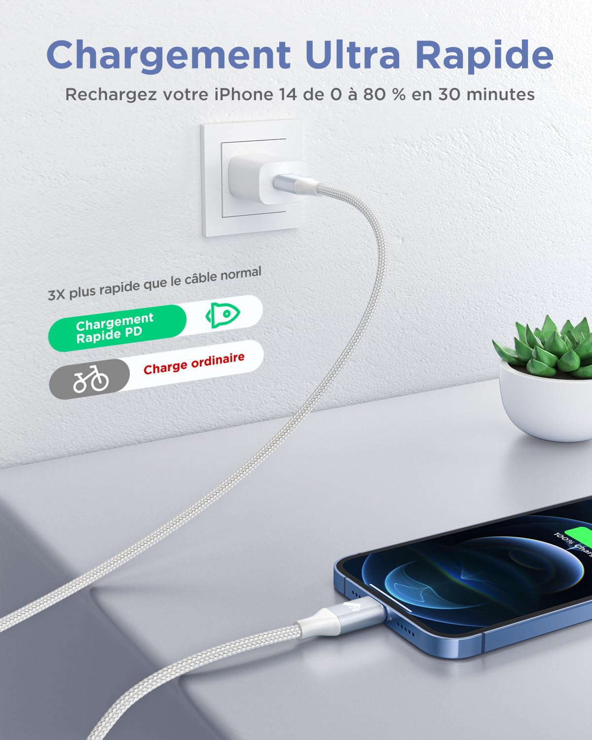 Câble iPhone USB C vers Lightning 2M MFi Charge Rapide Nylon pour iPhone 14/13/12/11/Pro Max/XS/XR/X/8/8Plus/iPad