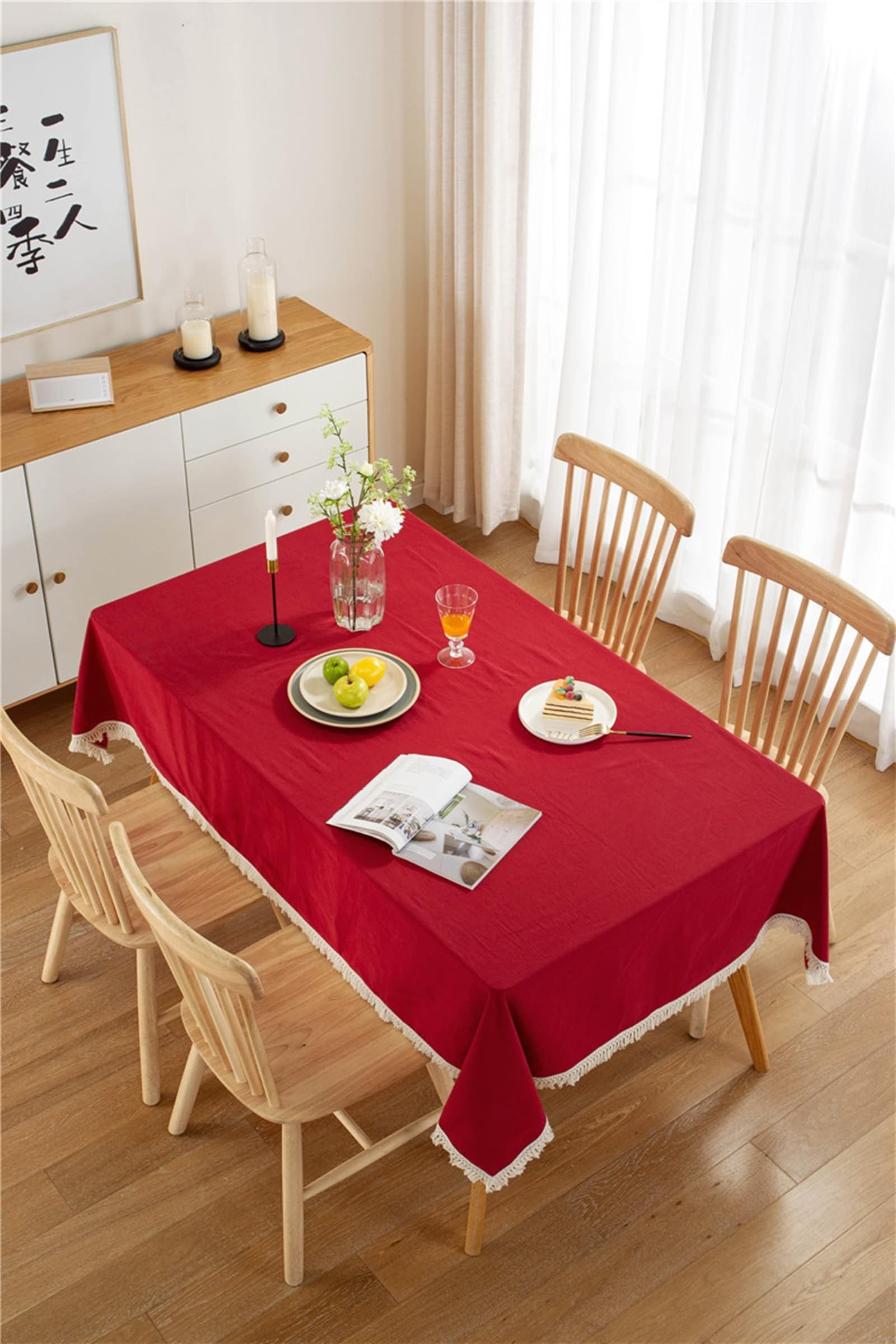 Mantel cuadrado para mesa de comedor, 35 x 35 pulgadas, de algodón, color liso, con borlas, para eventos, bodas, banquetes y fiestas, estilo B rojo