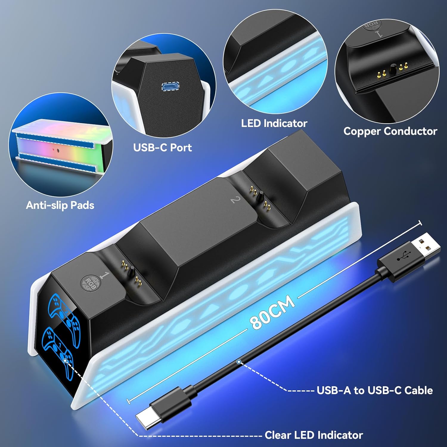 PS5 Controller Charger for Commodore 64 Game, PS5 Charging Dock for Original & Edge with LED & RGB Lighting Mode,Fast Controller Charging Station Stand for PlayStation - Image 6