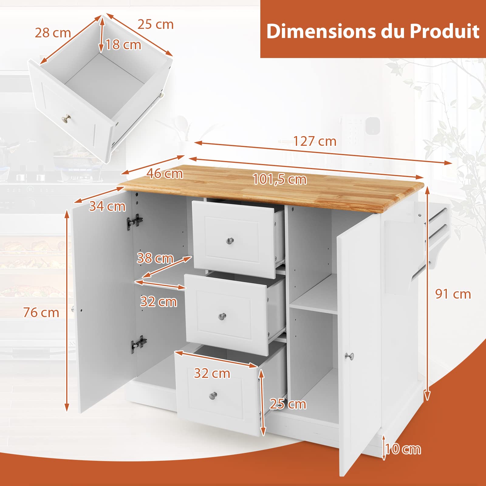 COSTWAY Desserte de Cuisine sur roulettes Plateau en Bois d'hévéa, îlot Central de Cuisine avec Porte-Serviettes, Chariot de Service avec 2 Tiroirs et 2 Portes, 48 x 110 x 90 cm (Blanc