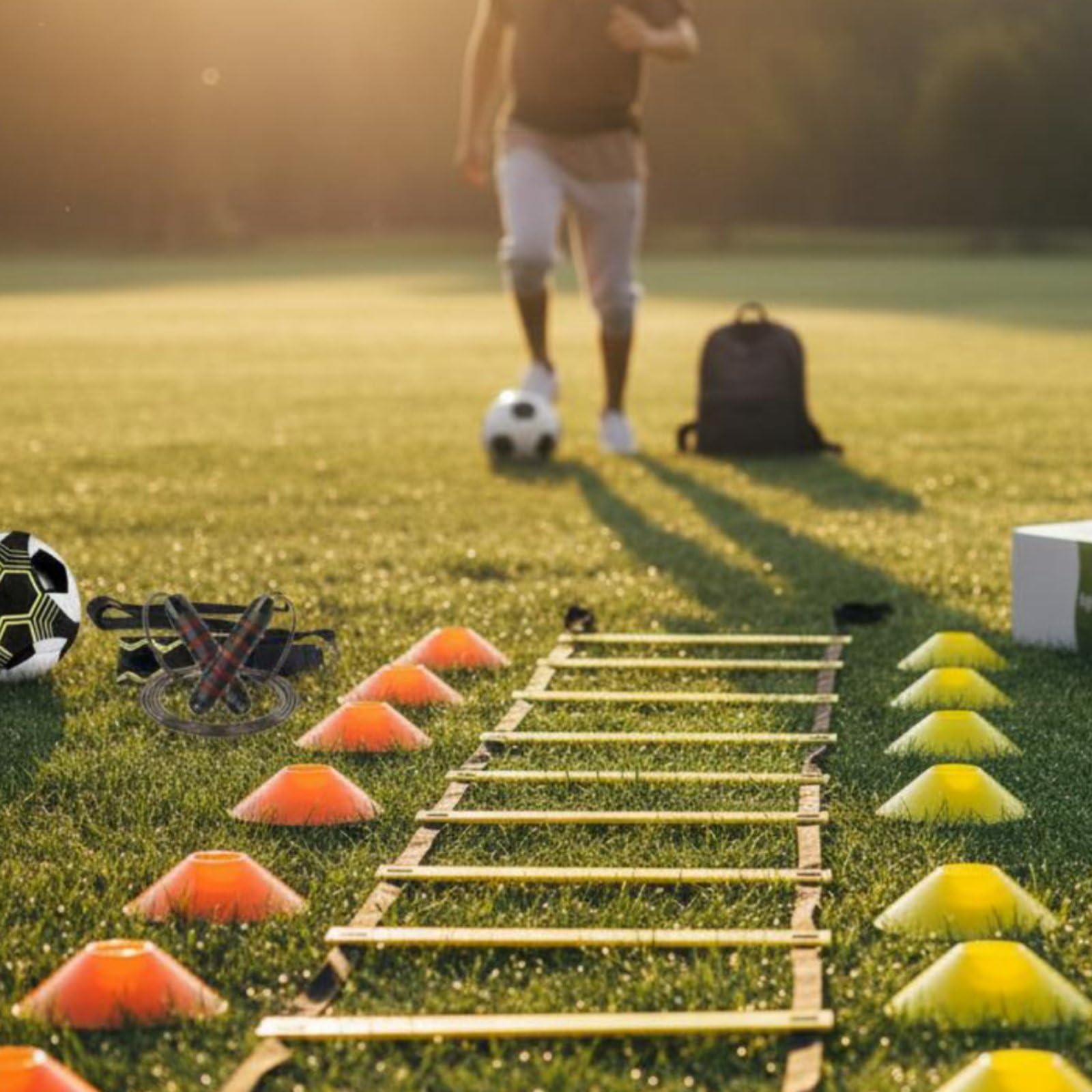 Generic Scaletta Agility Sportiva Kit Allenamento Velocità Coordinazione Rapidità Reattività con Coni E Corda Salto in PP E Cinghie Nylon Pioli Regolabili 12 Adatta a Calcio Basket Football Palestra