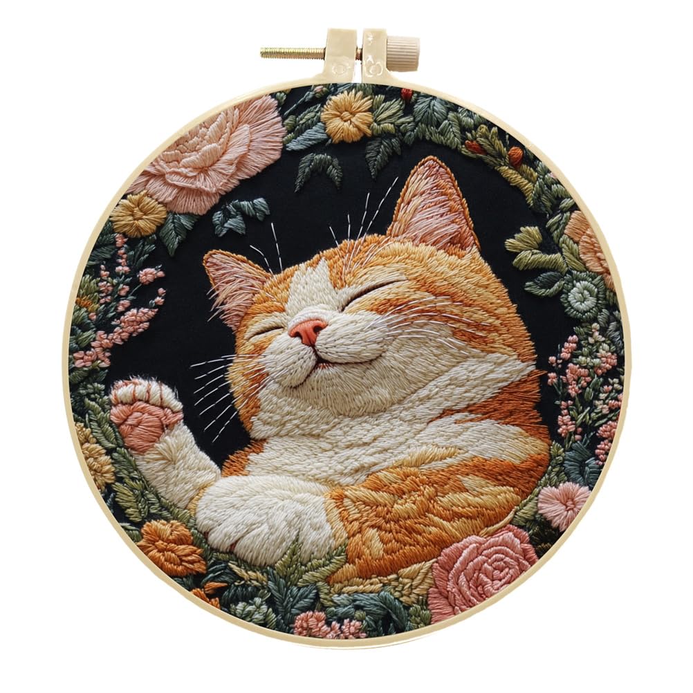 Meecaa 刺繍キット スターターセット 猫 花 動物 手刺繍セット パターンプリント クロスステッチセット 初心者 大人用 刺繍フープと説明書付き (猫3)