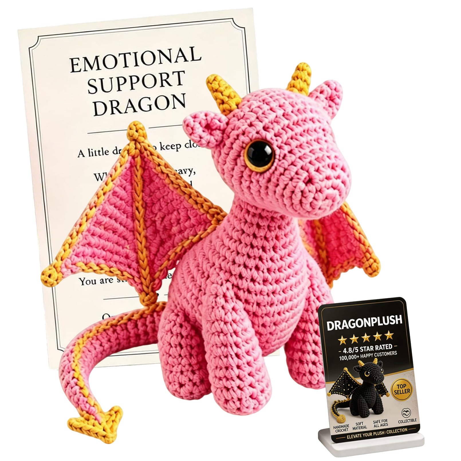 Emotional Support Dragon Pocket Buddy, Handmade Cute Plush Stuffed Dragon with Encouragement Card, Emotional Positive Crochet Gift (Pink)
