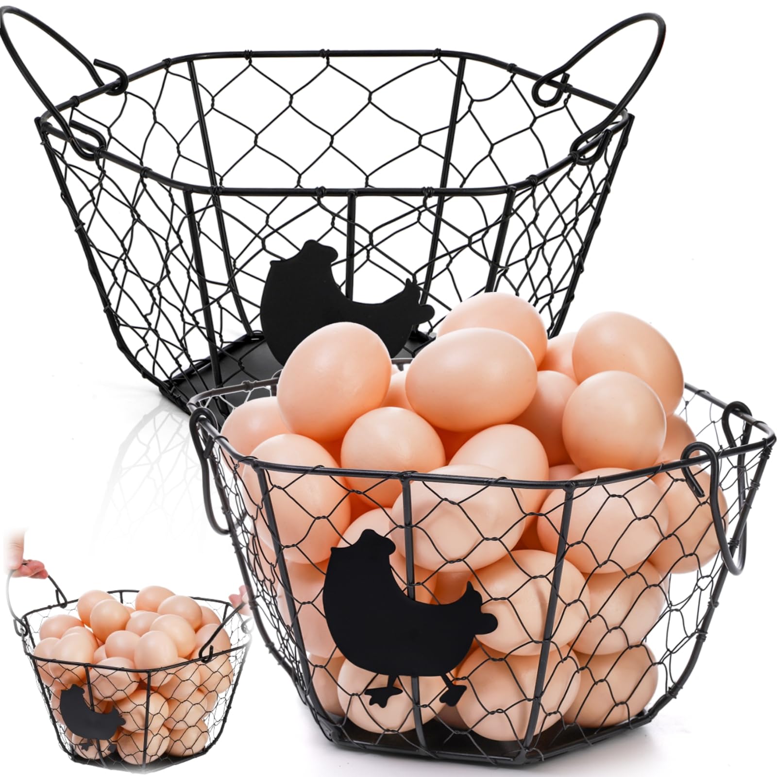 Goaste 2 Pack Metal Wire Egg Baskets, Egg Collecting Basket with Handle, Farmhouse Egg Storage Holder for Gathering Fresh Eggs, Durable Chicken Egg Storage Container for Kitchen, Countertop, Fruit