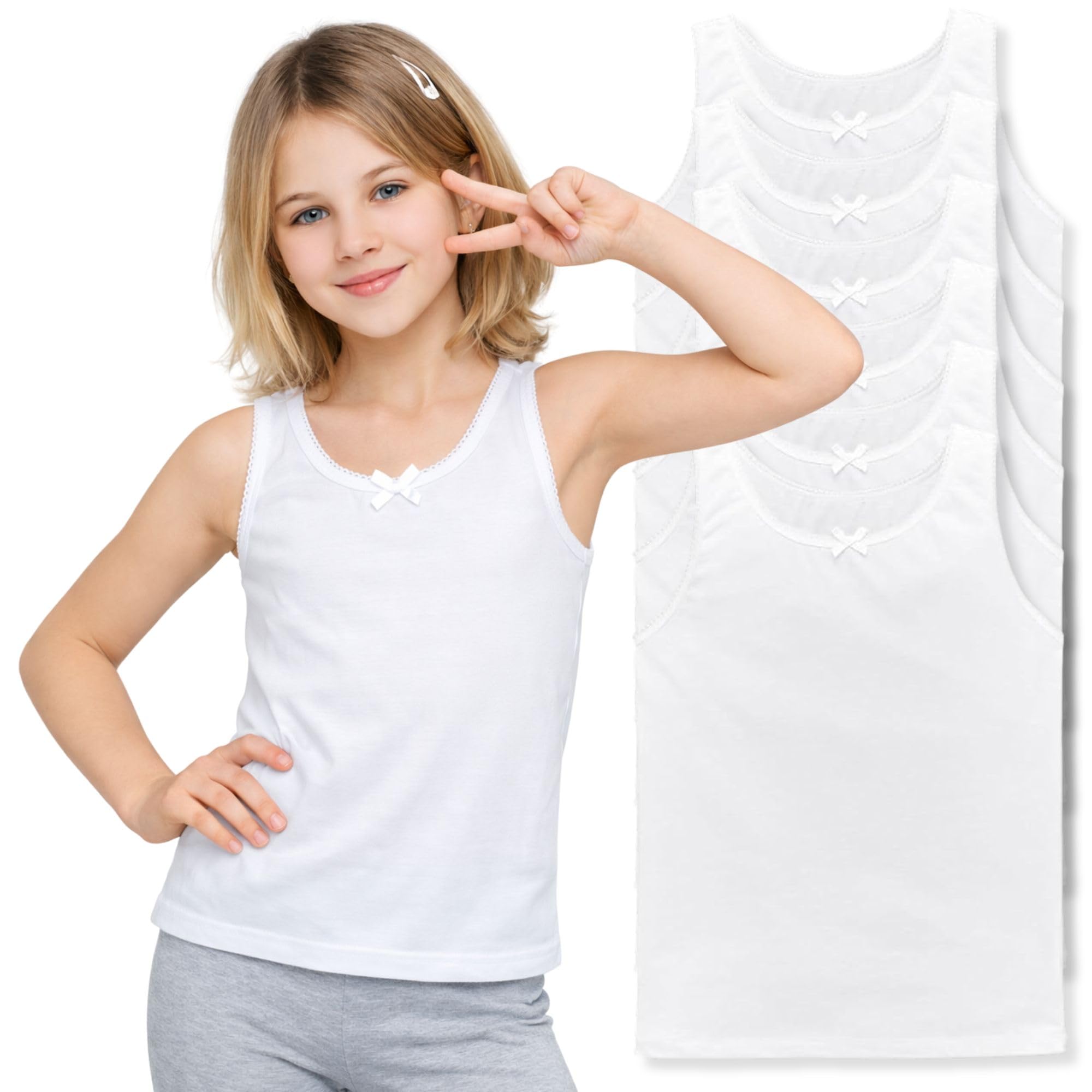 Kids Vests Boys Girls Cotton Vest Plain White Top Back to School Childrens Underwear, Pack of 6 (6-8 Years, Girls White)