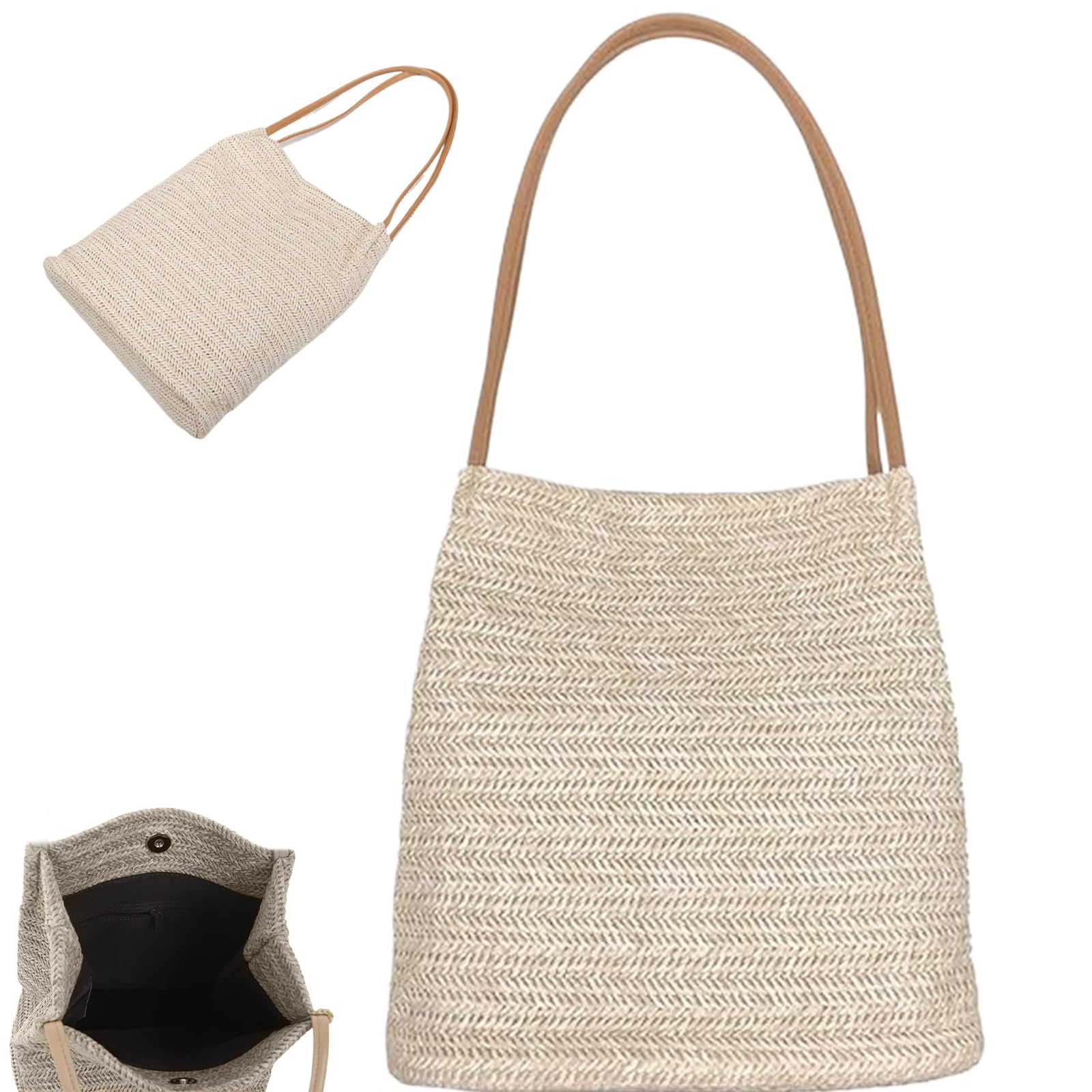 Wedhapy Unisex Light Beige Woven Tote Bag For Women Straw Beach Bag 12.6X10.24 Inch Buckets Straw Tote, Shoulder/Handheld With Zip Pocket Summer Bags For Women Beach