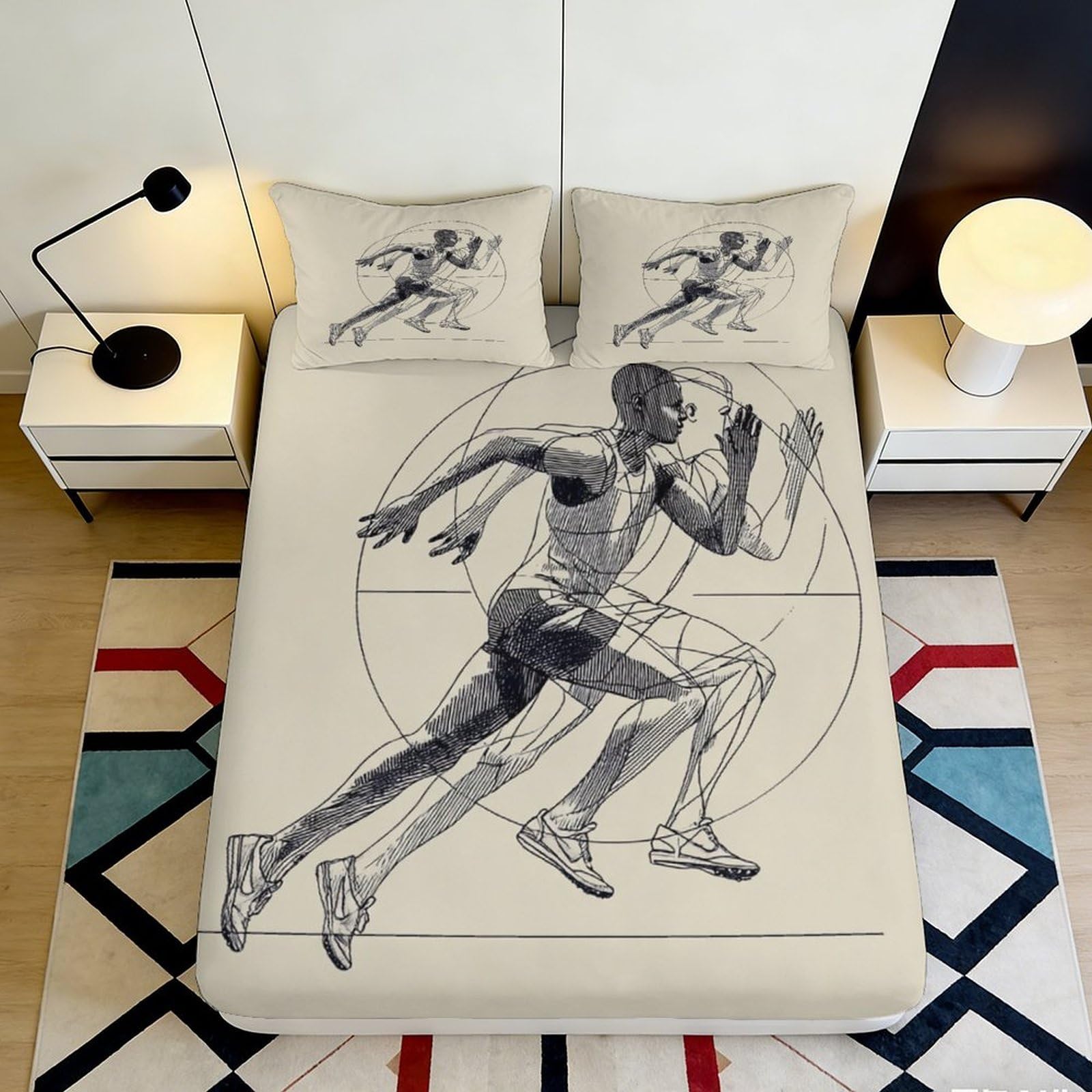 3D Printed Runner Athlete Fitted Sheet Microfiber Breathable Sport Sketch Bed Cover for Bedroom Dorm Mattress Protection Decor 90x200x25cm