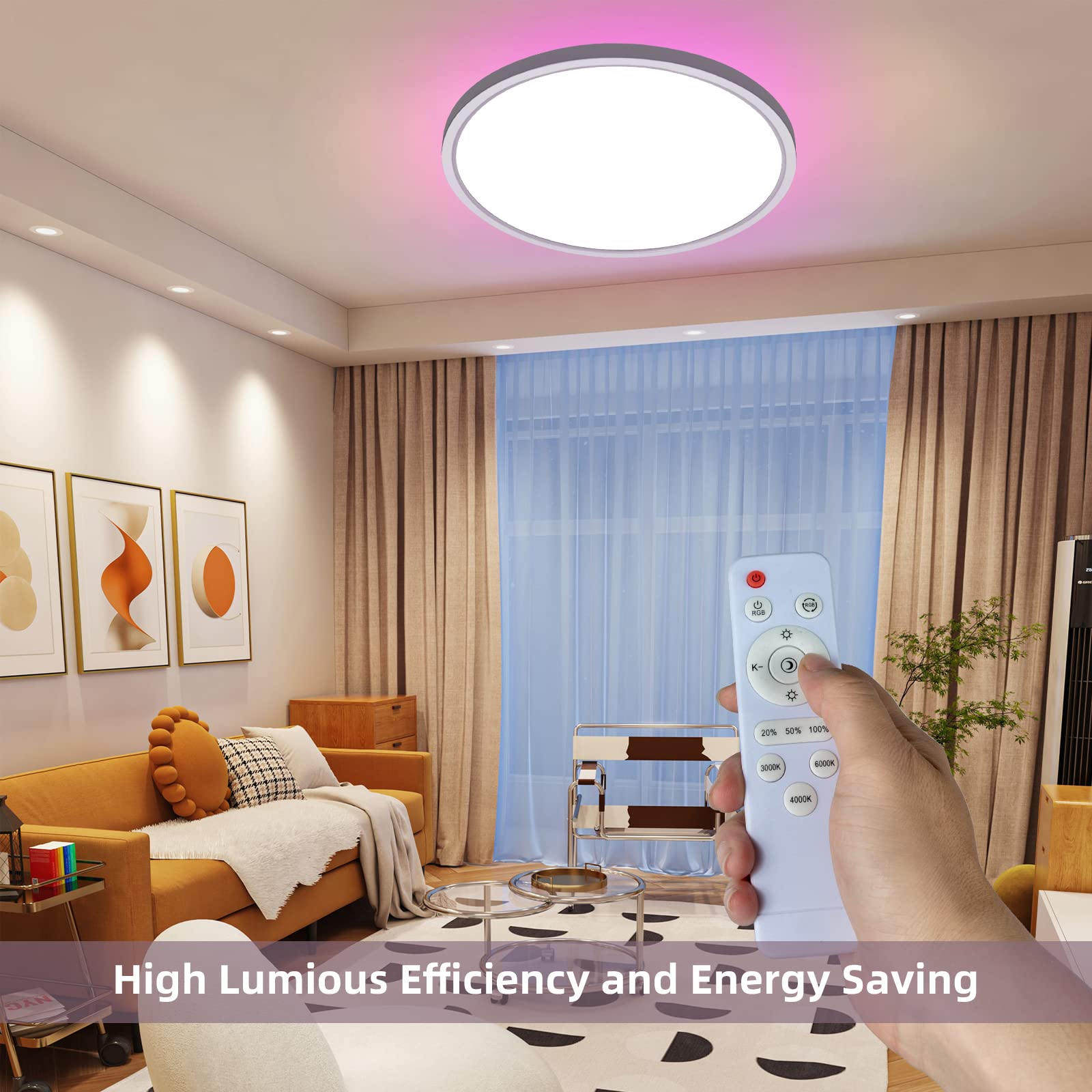 Luz de techo LED, con control remoto, luz ajustable 24w 3000k - 6000k, luz impermeable ip54, con retroiluminación rgb 7, adecuada para baño, cocina, vestíbulo, dormitorio, habitación infantil