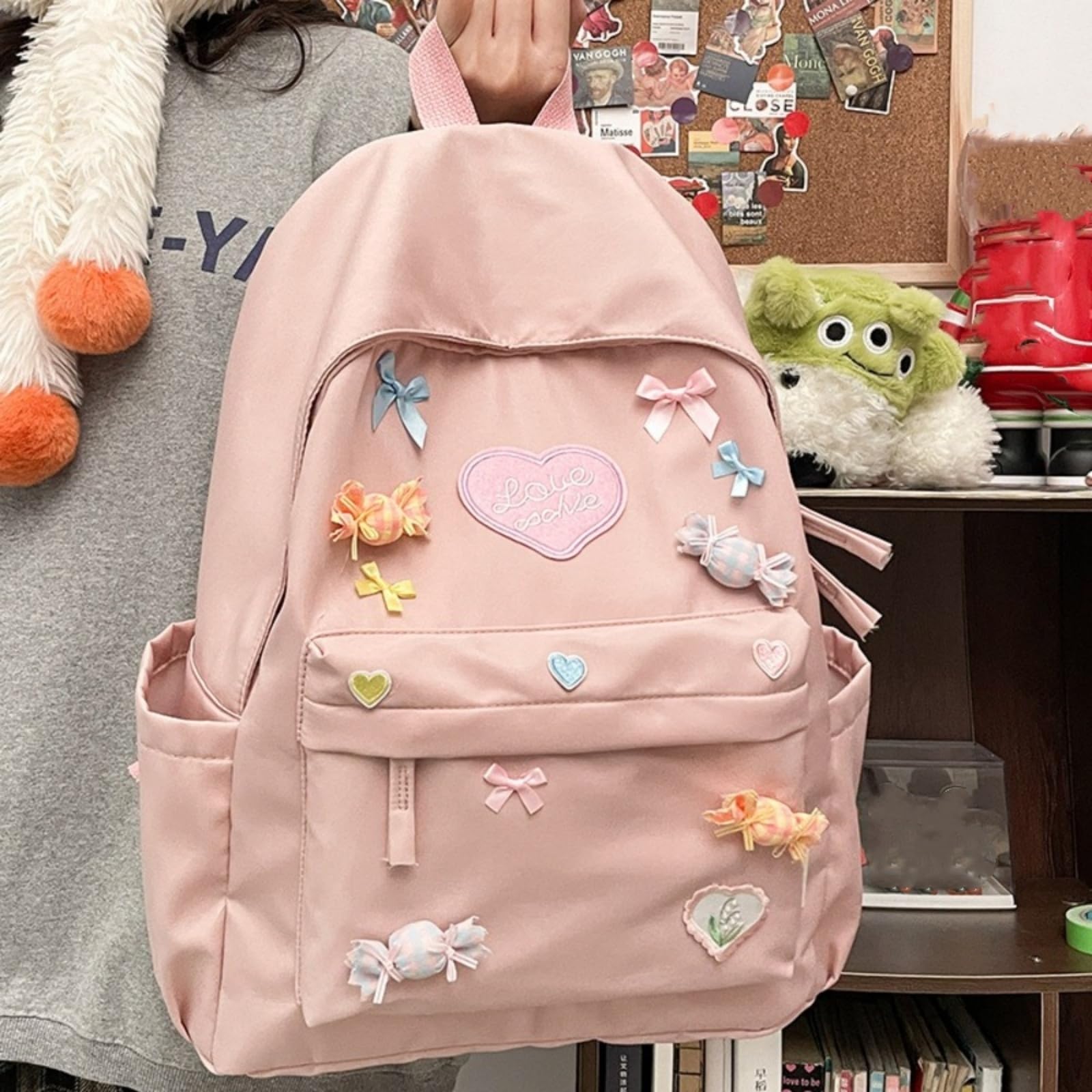 Zaino Carino in Nylon dell'Arco di Caramelle, Borsa Scolastica Grande capacità Stile Collegio Dolce per L'uso Viaggio delle Ragazze-Pink