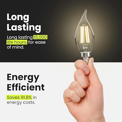 Miniatura 7 de Feit Electric Bombilla LED CA10 equivalente a 40 vatios, filamento de candelabro de vidrio regulable, 300 lúmenes, 13 años de vida útil, 2700 K,