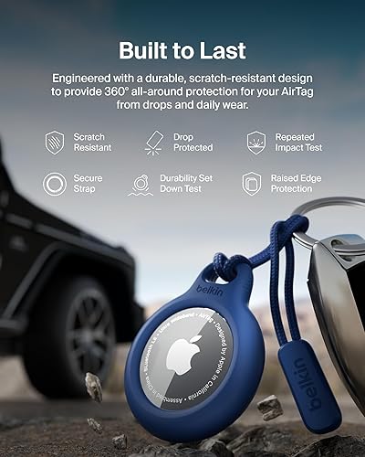 Vista 93 de Belkin - Soporte seguro con llavero para Apple AirTag, funda duradera y resistente a los arañazos con cara abierta y bordes elevados, protección