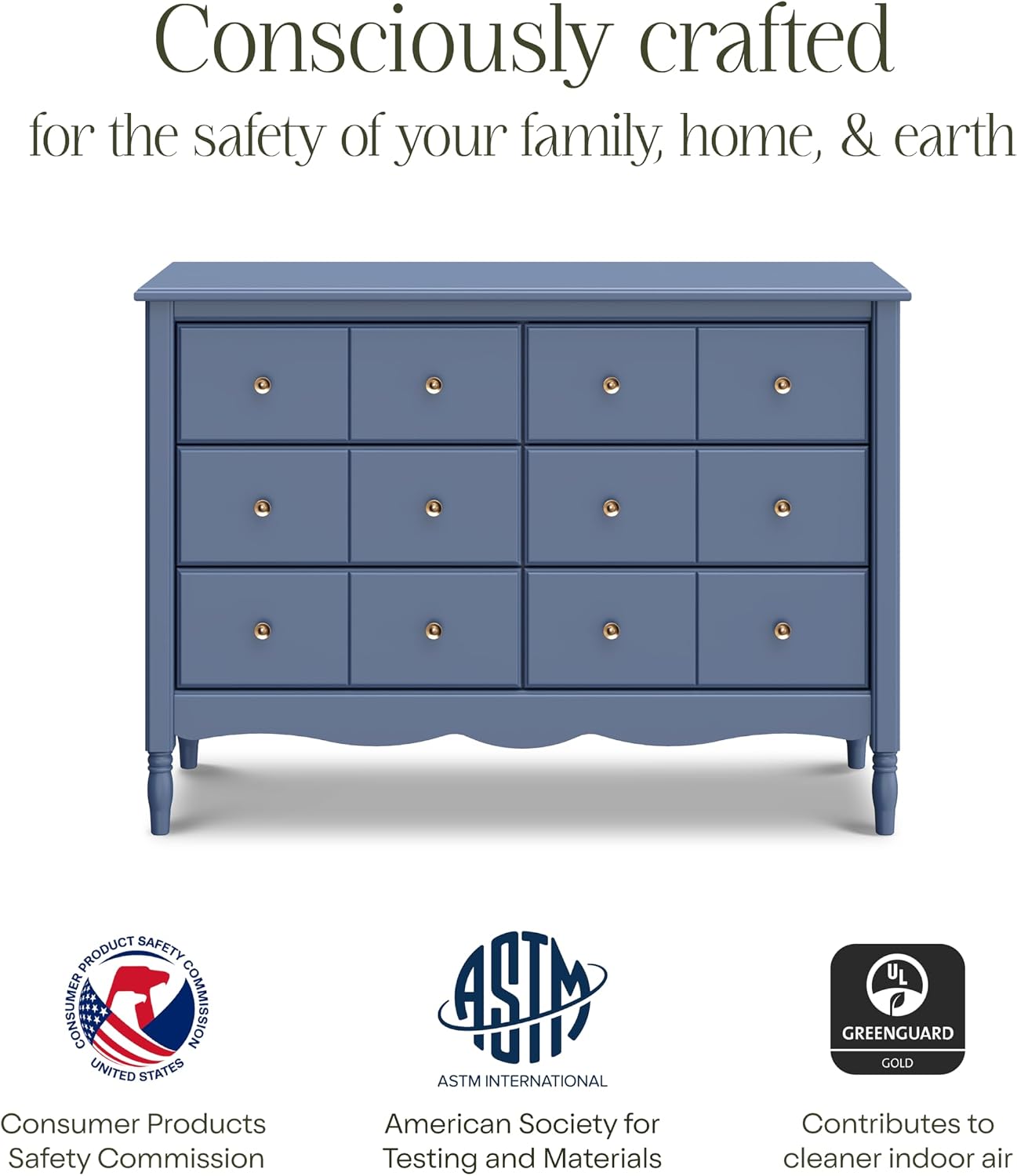 Namesake Liberty 6-Drawer Dresser in Cove Blue, Fully Assembled, Greenguard Gold Certified, Smooth Glide, Adult and Child Nursery Dresser, Vintage/Apothecary Design