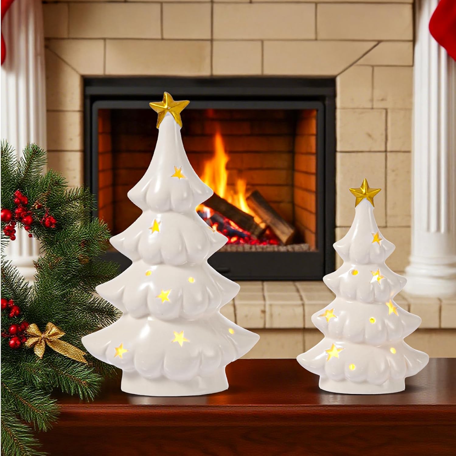 WDS WONDROUS Christmas Tree Lighted Decor, 2 Pcs Ceramic Christmas Trees with Lights White, Small Xmas Tree Figurines with Star for Tabletop Mantel Shelf Fireplace