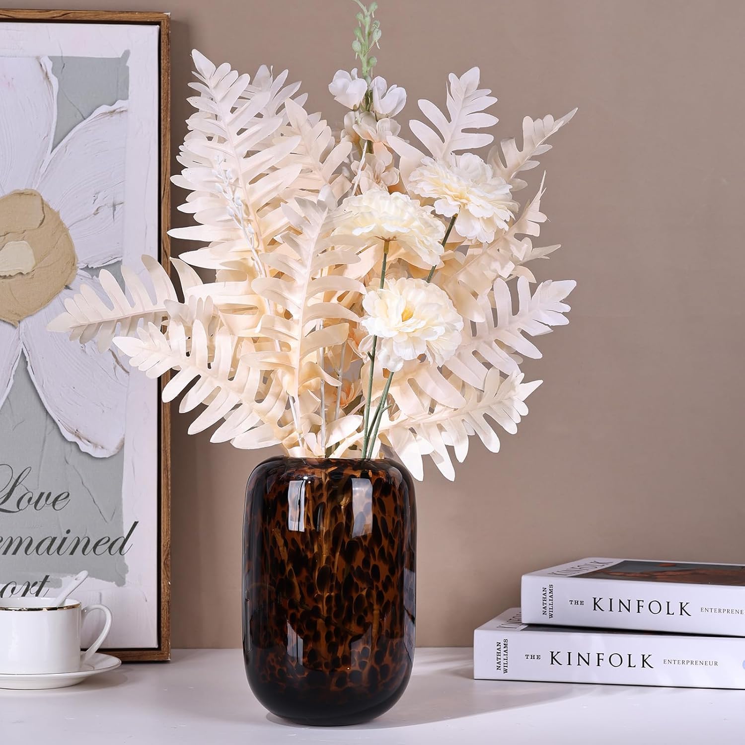 8.2in Amber Vase,Brown Glass,Round Art,Modern Clear Glass Vase,Decorative Bottles for Home Decor,Farmhouse Centerpiece,Wide for Living Room, Kitchen,Office, Dining (S)