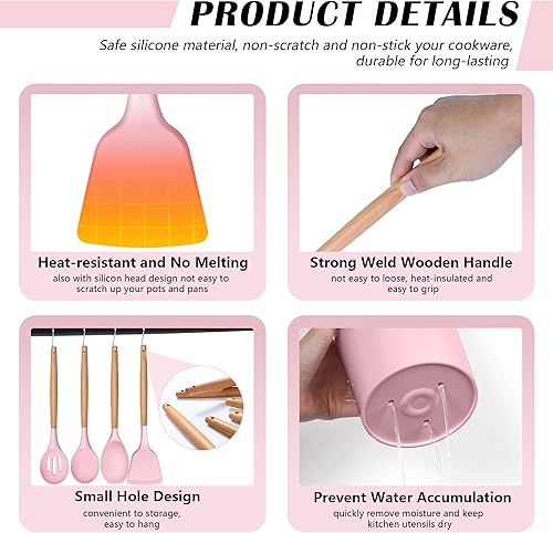 Miniatura 4 de HaWare Juego de utensilios de cocina de cocina, 23 piezas de silicona con soporte, mango de madera resistente al calor, utensilios de cocina para