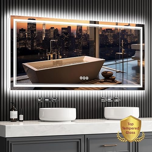 SOGOLINE Espejo LED de tocador de baño de 60 x 28 pulgadas, espejo de baño delantero y retroiluminado con luces, vidrio templado superior, antivaho,