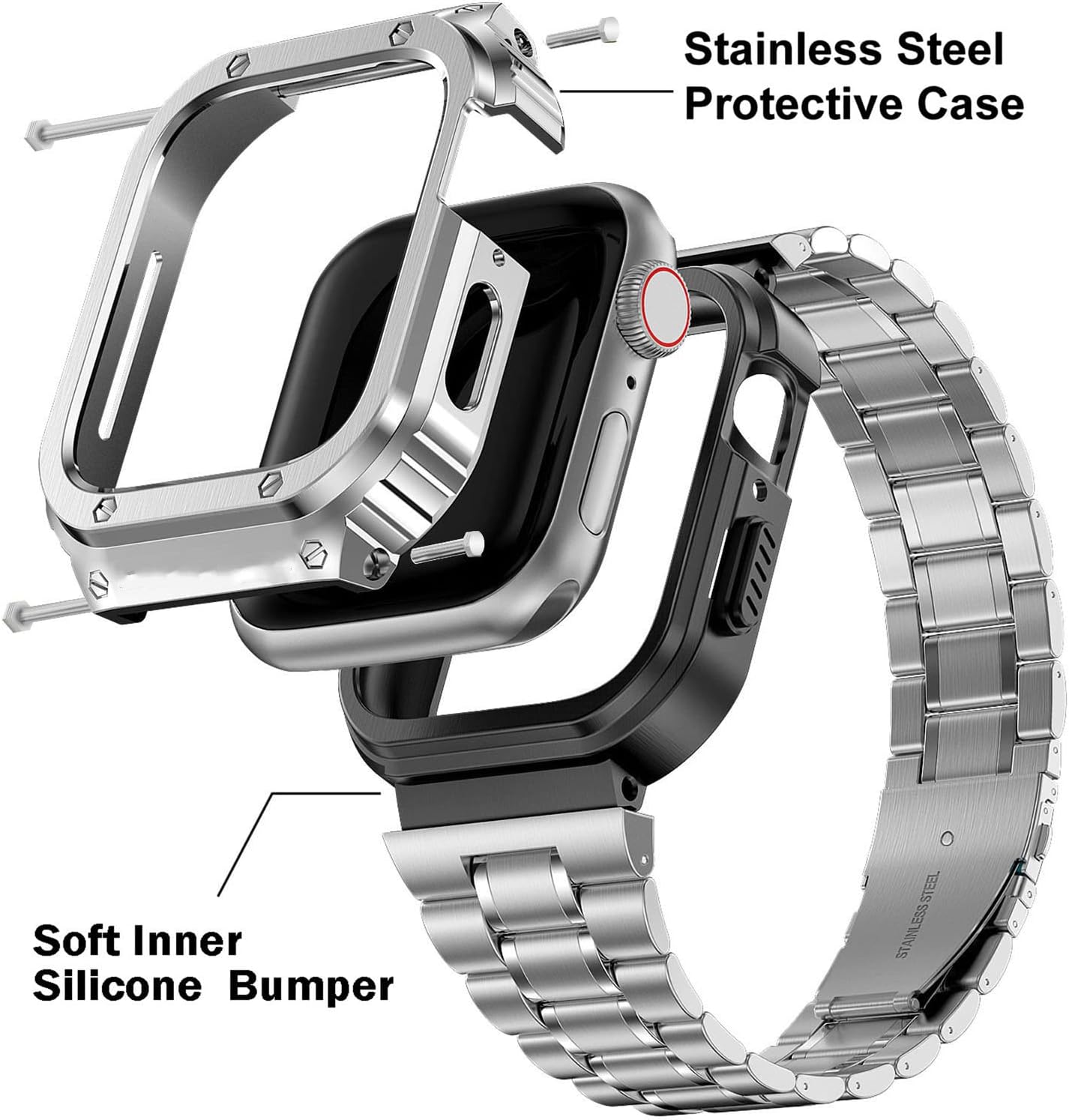 HASLFM Stainless Steel Watch Band with Case Compatible with Apple Watch Series 9 8 7(45mm),Metal Strap and Rugged Protective Cover for iWatch Bands Cases Men, Silver - Image 2