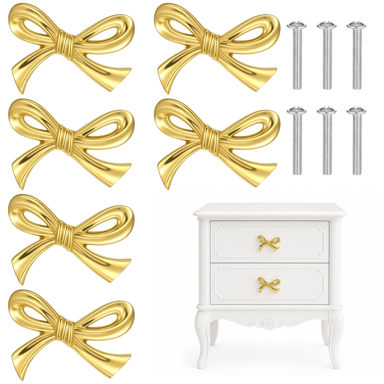 Oqqlin 6 Pcs Bow Knobs for Dresser, Gold Vintage Brass Bow Dresser Knobs Decorative Antique Gold Drawer Handles with Screws for Cabinets, Cupboards, Dressers for Home, Bedroom, Bathroom
