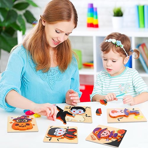 Miniatura 6 de Rompecabezas de madera de Halloween para niños pequeños, paquete de 4 rompecabezas de madera de bruja fantasma calabaza para niños, relleno de