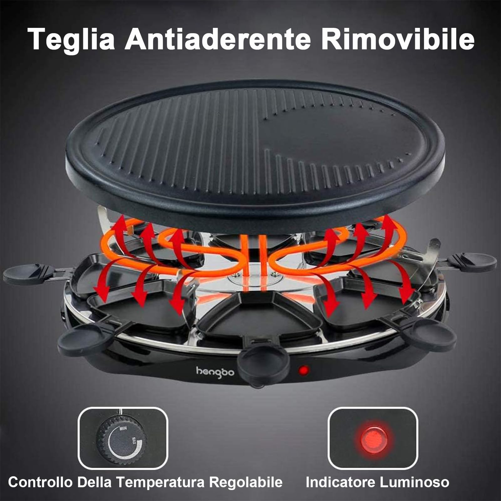 Raclette Grill per 8 Persone Piastra per Cucinare Teppanyaki Grill da Tavolo Elettrico con 8 Mini Padelle di Cottura e 2 Spatole in Legno Griglie Elettriche 1300W