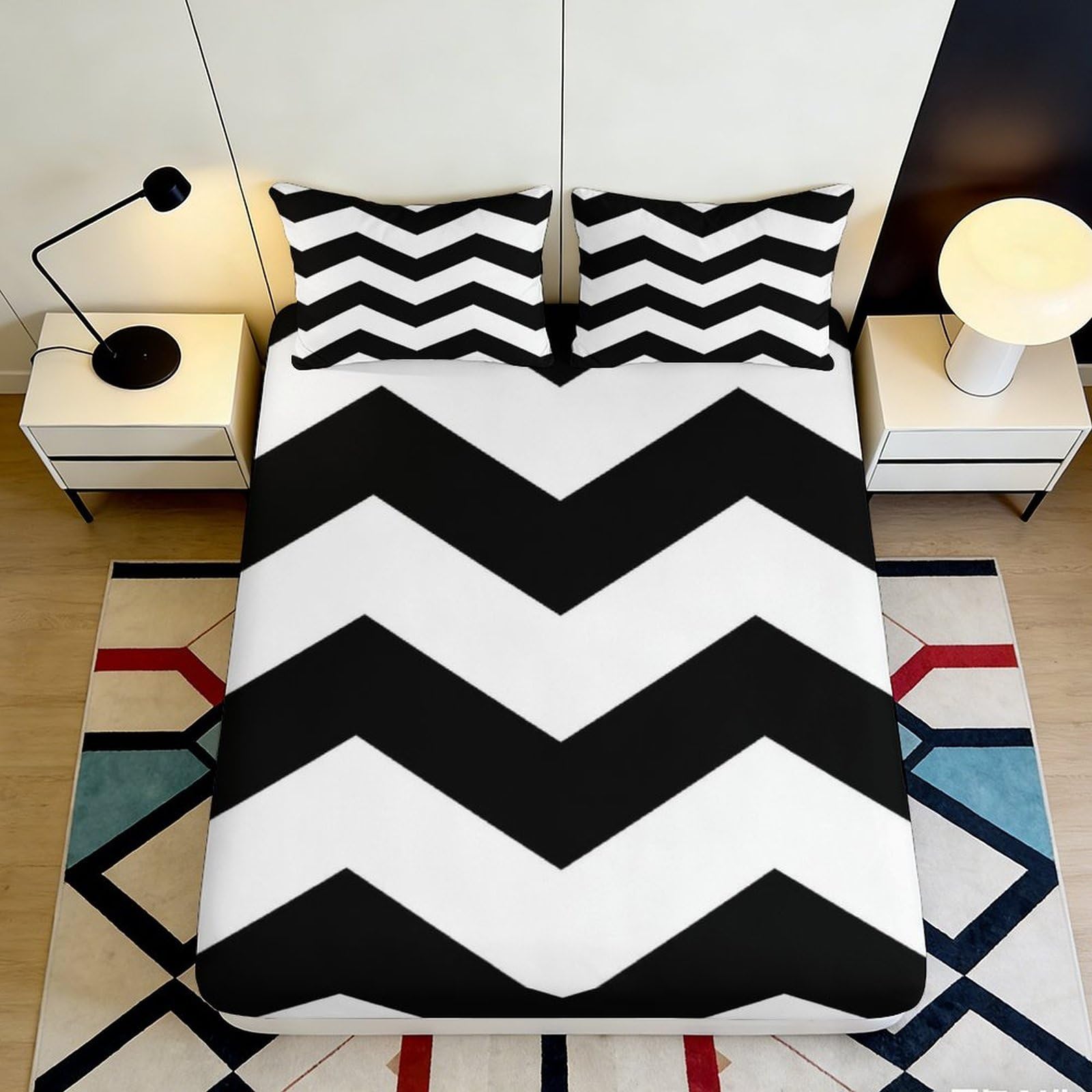 3D Printed Chevron Zigzag Fitted Sheet Microfiber Black White Mattress Cover Non-Slip Easy Care for Bedroom Guest Room 90x200x25cm