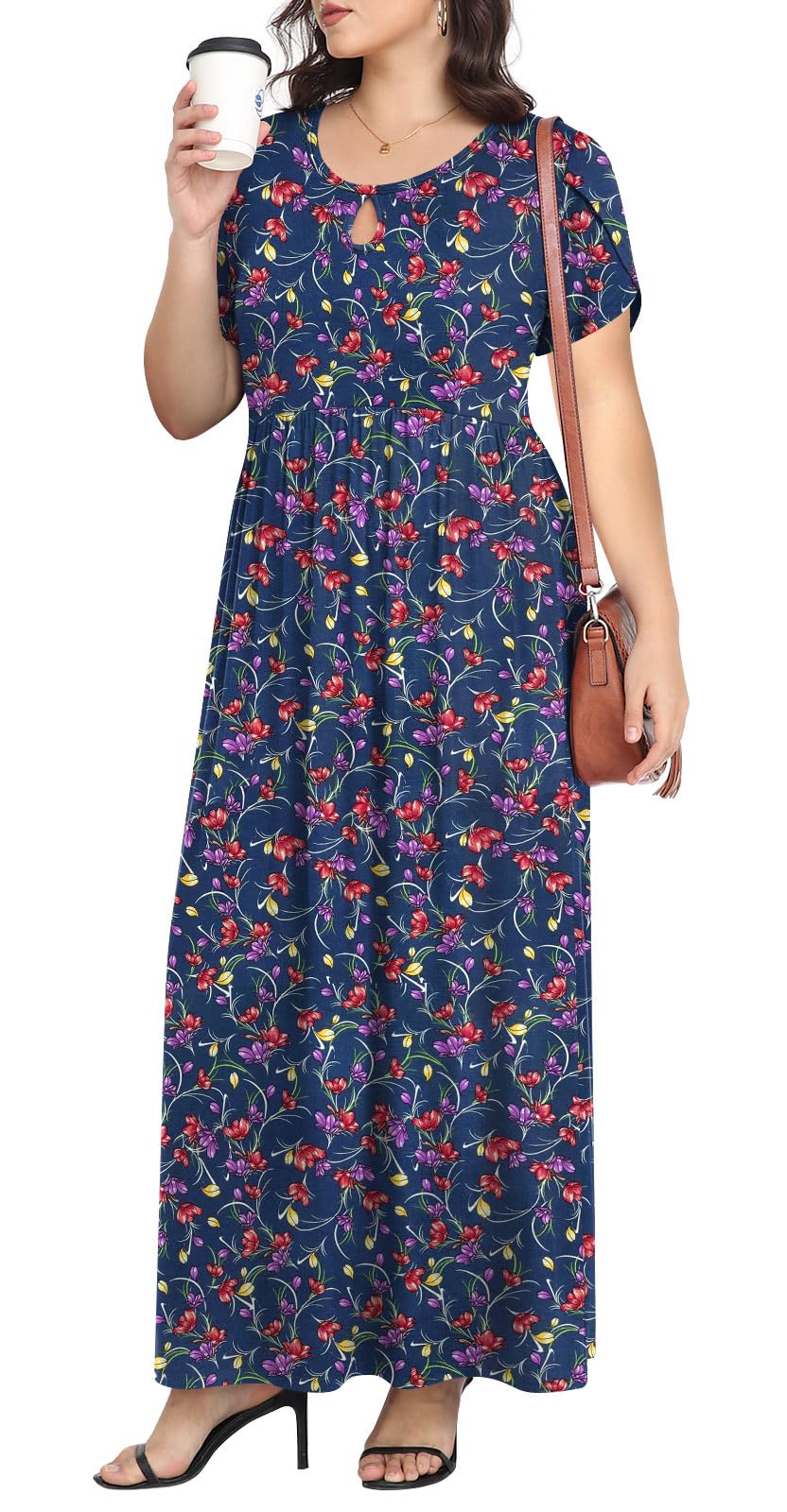 POPYOUNGWomen's Plus Size Maxi Dresses Petal Short Sleeve Casual Dress XL-5XL with Pokets