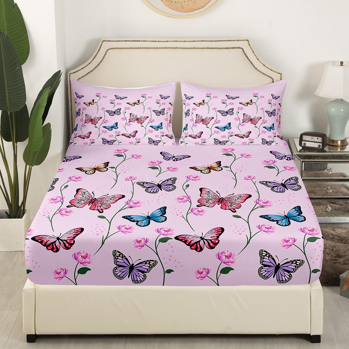 Homemissing Butterfly Bed Sheet Set King Size for Adults Girls Women Teens Butterflies Print Bedding Set Botanical Floral Printed Sheet with Deep Pocket Fitted Sheet+2 Pillowcase Animal Pink Sheet Set - Image 3