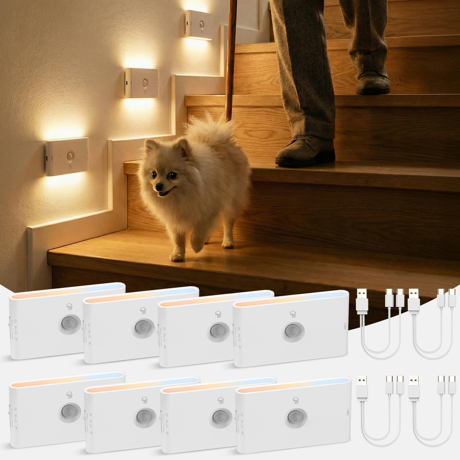 Luce Notturna Sensore di Movimento Interno, Luci LED Batteria USB, 8 Pezzi | 3 Modalità AUTO ON/OFF Lampada Ricaricabile Dimmerabile Bianco Caldo/Naturale/Freddo, Lucina Notte Pile per, Scale, Corridoio