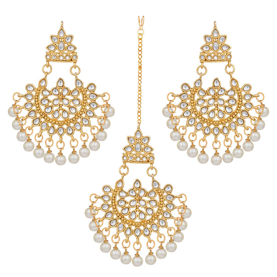 Elegant Indian Traditional Wedding Kundan Beaded Maang Tikka with Earrings Set Gift for Women Ethnic Bollywood Party Jewelry