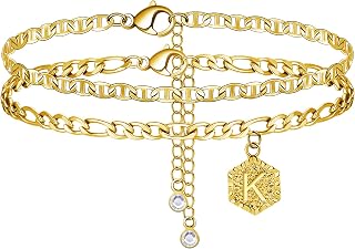 Gold Initial Anklets for Women,Cuban Chain Link Anklet,Dainty Hexagon Shaped Letter Figaro Chain Initial Ankle Bracelets Summer Foot Anklet