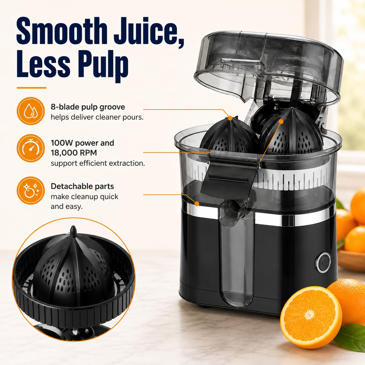 Exprimidor eléctrico de naranja y cítricos de doble cabezal, exprimidor automático de limón de 100w, motor de 18000 Rpm, fácil de limpiar, para naranja, limón y lima black