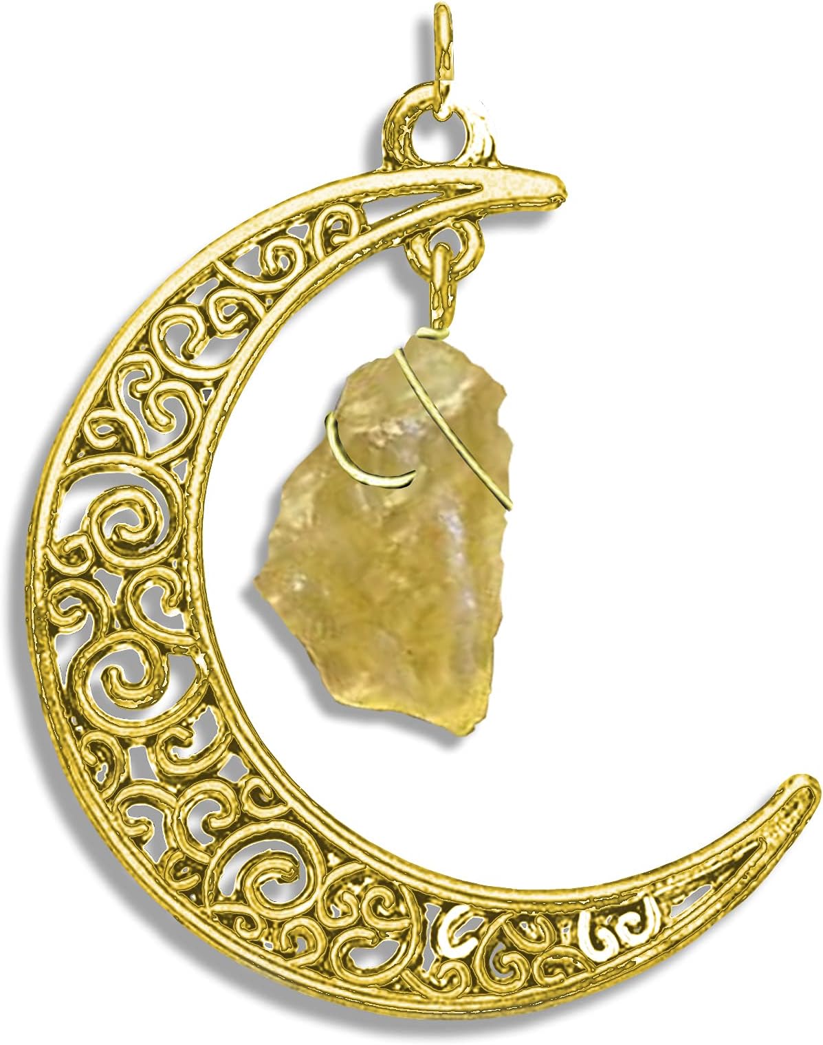 Genuine Raw Libyan Desert Glass Tibetan Yellow Gold Crescent Moon Pendant Jewelry Necklace, Natural Wire Wrapped Yellow Tektite Necklace with Certificate of Authenticity
