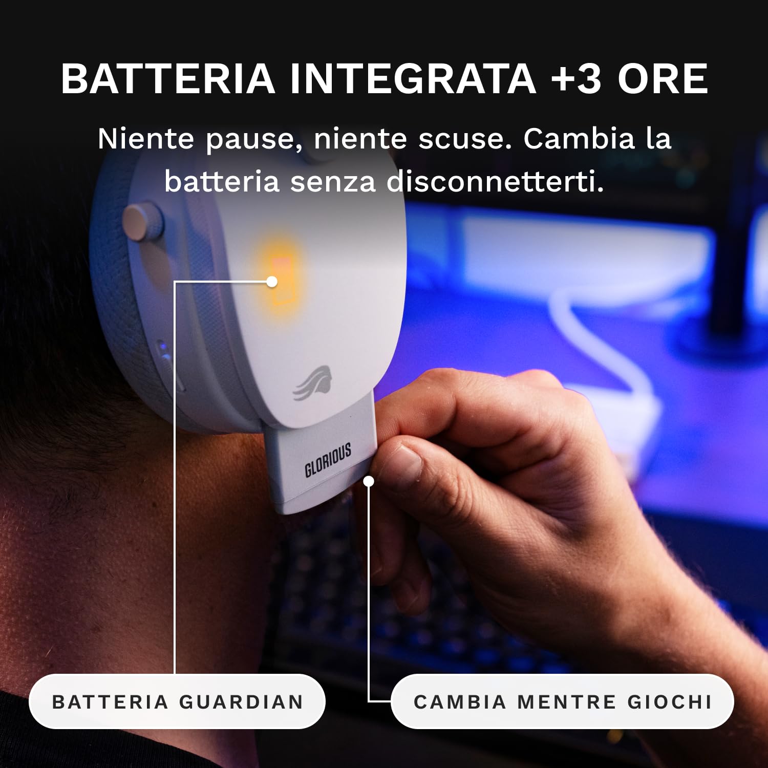 Glorious GHS Wireless InfinitePlay - Cuffie Gaming - PC, PS5, PS4 - Bianco | Batterie 85H Intercambiabili, Resta ON al Cambio, 2.4GHz e Bluetooth, Driver Custom, Microfono Rimovibile Antirumore