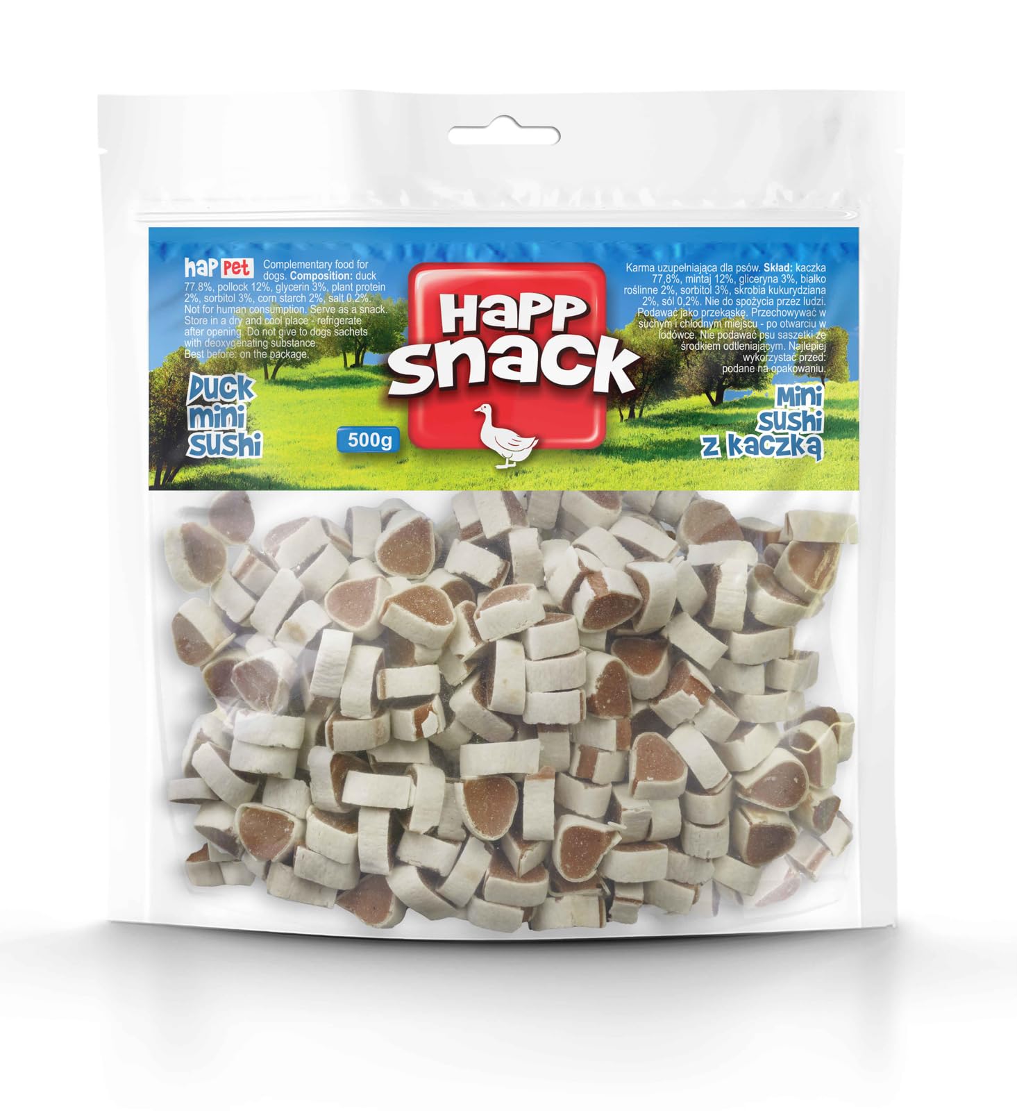 HAPPET® Mini sushi z kaczką dla psa 500 g – zdrowa przekąska, wysokobiałkowy smakołyk do żucia, lekkostrawny przysmak dla szczeniąt, seniorów i małych psów