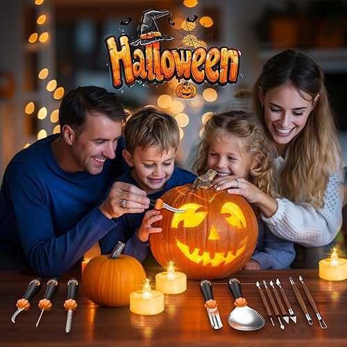 Miniatura 2 de Kit de tallado de calabaza de 31 piezas: herramientas de tallado de calabaza, kit de tallado de calabaza de Halloween con plantillas, velas, estuche