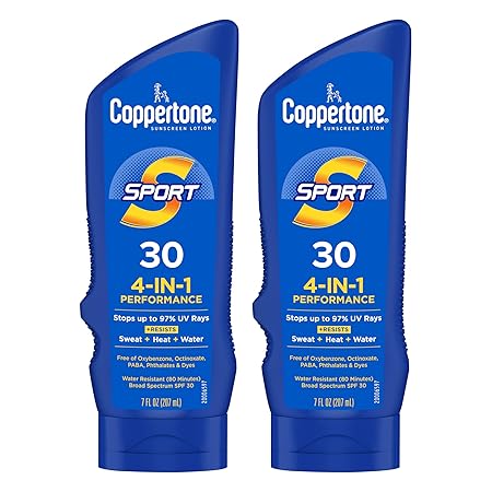 Coppertone SPORT Sunscreen SPF 30, Water Resistant Sunscreen Lotion, Broad Spectrum SPF 30 Sunscreen, Bulk Sunscreen Pack, 7 Fl Oz Bottle, Pack of 2
