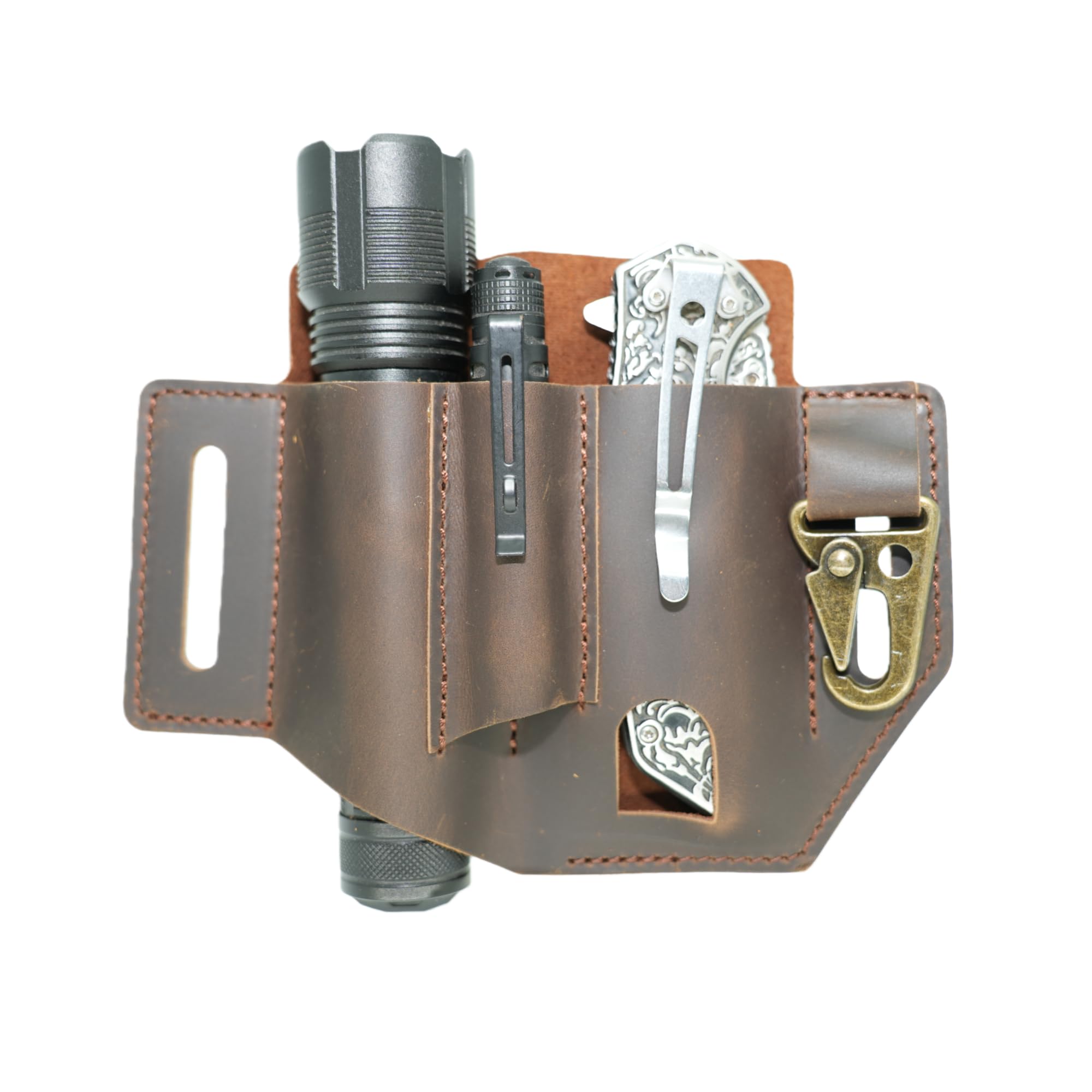 JJNUSA Leather Multitool Sheath Organizer, EDC Belt Pouch for Men, Belt Holder with Multitool Pouch, Flashlight Holder, Pen Holder and Key Chain Clip,