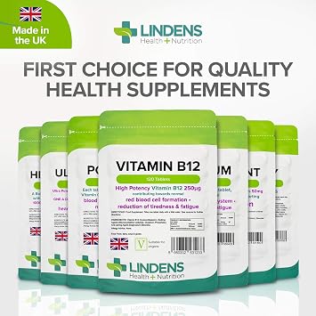 Lindens - Vitamin B12 250mcg, 120 Tablets - 1 a Day, UK Made - Red Blood Cell Formation, Metabolism, Reduction of Tiredness and Fatigue - 10,000% NRV Dose - Letterbox Friendly, Vegan