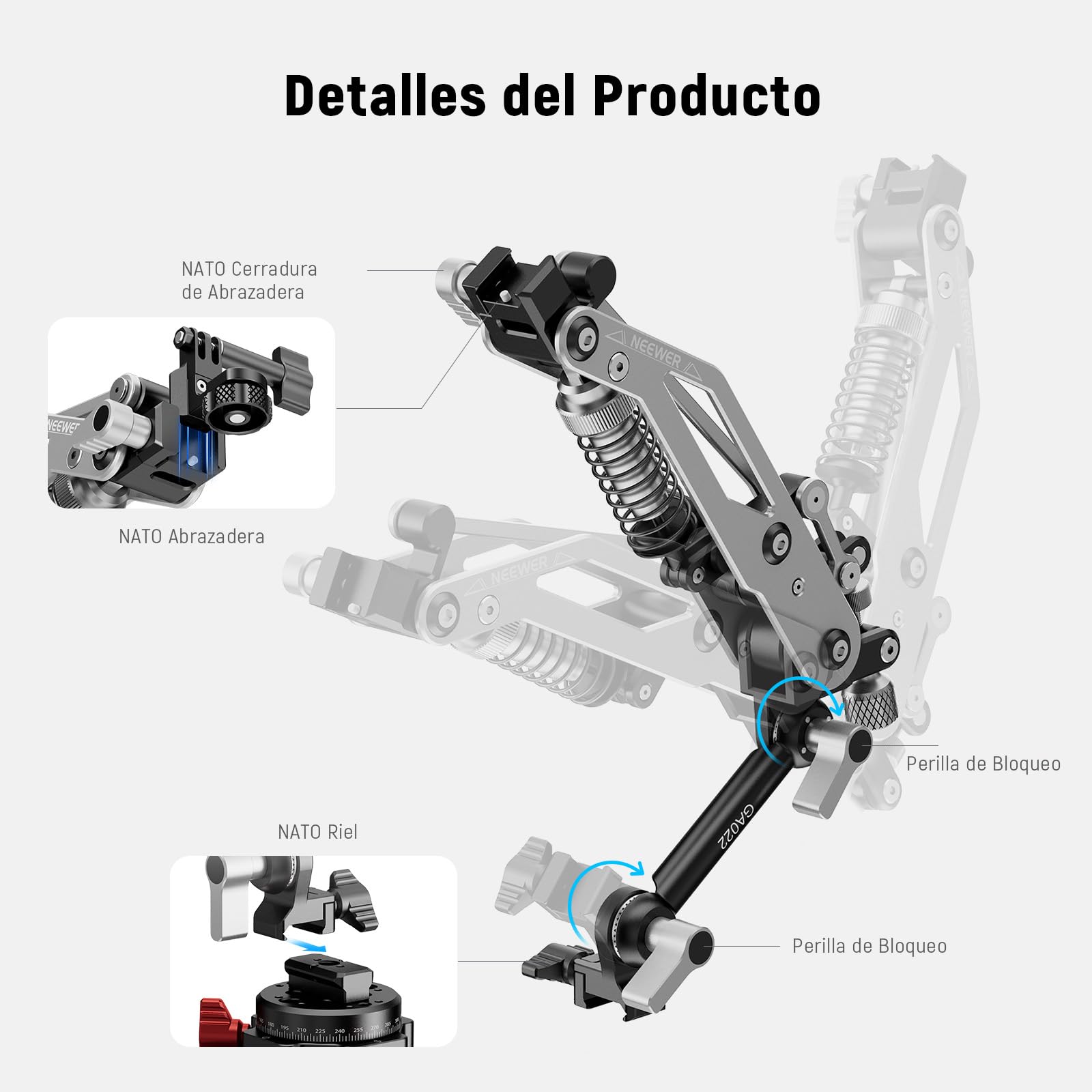 NEEWER Soporte Hidráulico con Ventosa para Coche, riel OTAN con Cierre rápido, Base giratoria de 360°, Compatible con GoPro Dji Osmo Pocket 3 Insta360 X5 X4 X3 cámara de acción 500 g máx. Carga GA022