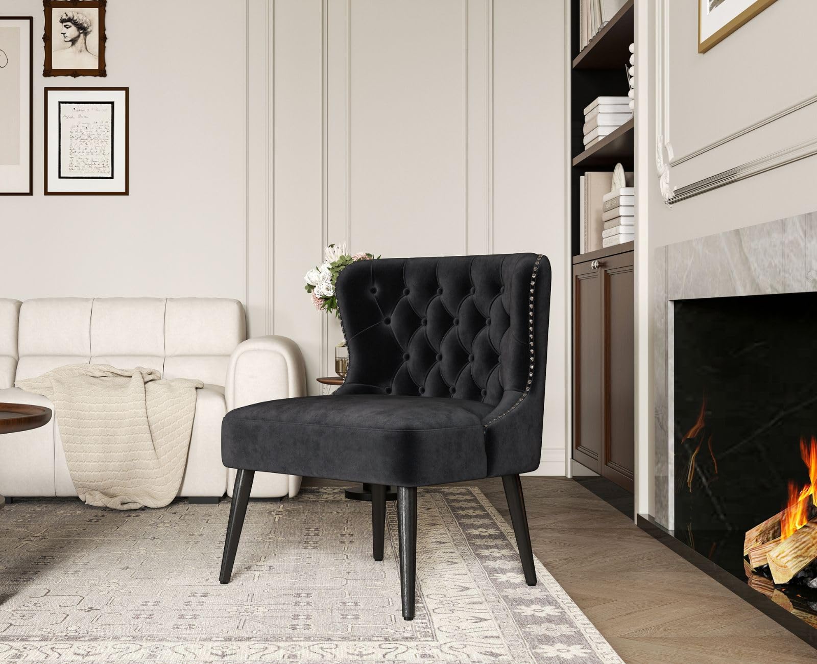 chairus Ohrensessel Samt Sessel Wohnzimmer Relaxsessel mit Holzbeinen Loungesessel Schlafzimmer Arbeitszimmer, Schwarz
