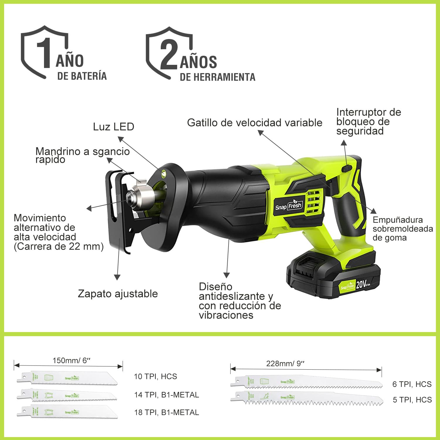 SnapFresh Sierra de Sable Inalámbrica de 20V – Herramienta Oscilante con Carrera de 25 mm y 3000 SPM para Corte de Madera, Metal y Plástico – Incluye Batería y Cargador Rápido