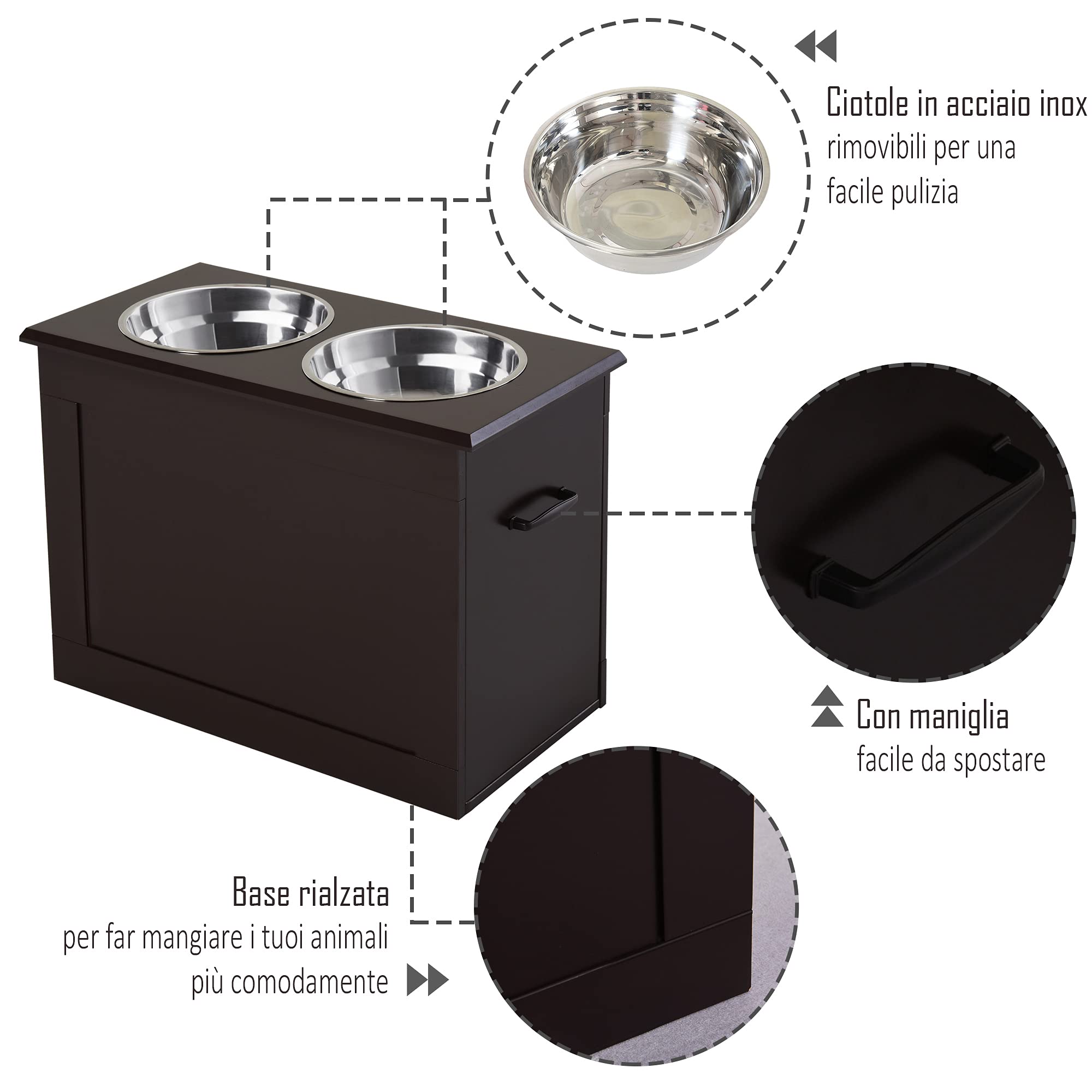 PawHut Ciotole Rialzate per Cani Grandi, Supporto Portaciotole in MDF con 2 Ciotole in Acciaio Inox, 60x30x41 cm, Marrone