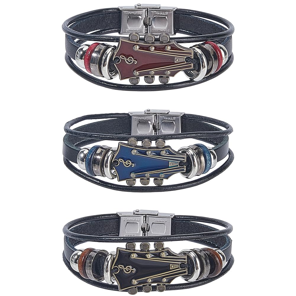 CALFOVERA CALFOVERA Pulsera de Cuero Sintético con Diseño de Guitarra Retro para Hombre, Brazalete de Cuero Trenzado Multicapa Estilo Punk Rock, Estilo Étnico Tribal, Apilable