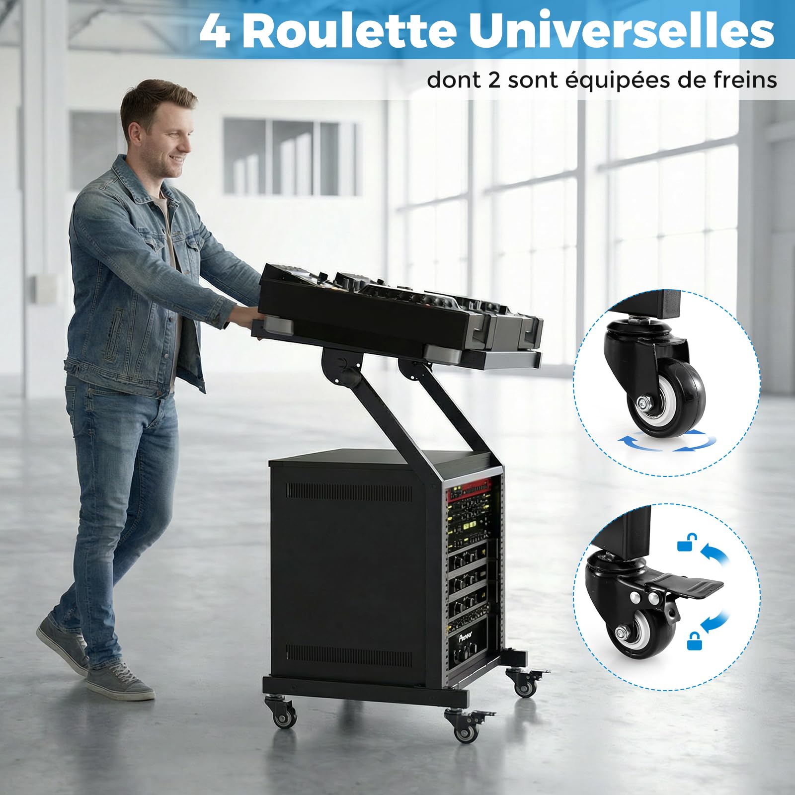 COSTWAY Rack Audio Professionnel à 2 Niveaux, Support pour Table de Mixage DJ 9U avec Barres Transversales Réglables roulettes Verrouillables, Chariot de Scène à roulettes pour Studio Bureau