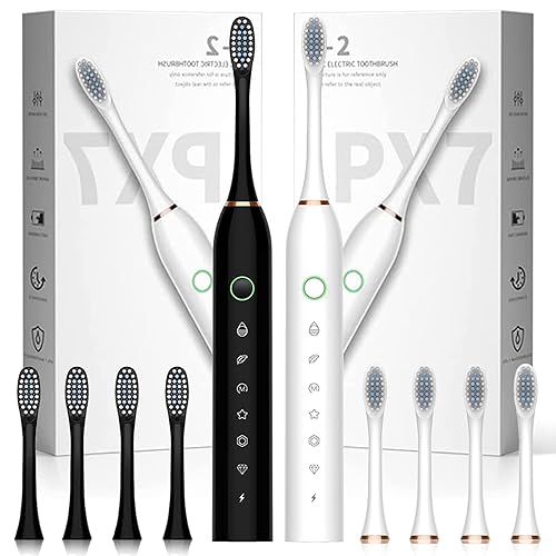 Paquete de 2 cepillos de dientes eléctricos sónicos blanqueadores con 8 cabezales de cepillo, 6 modos de limpieza y temporizador inteligente, para
