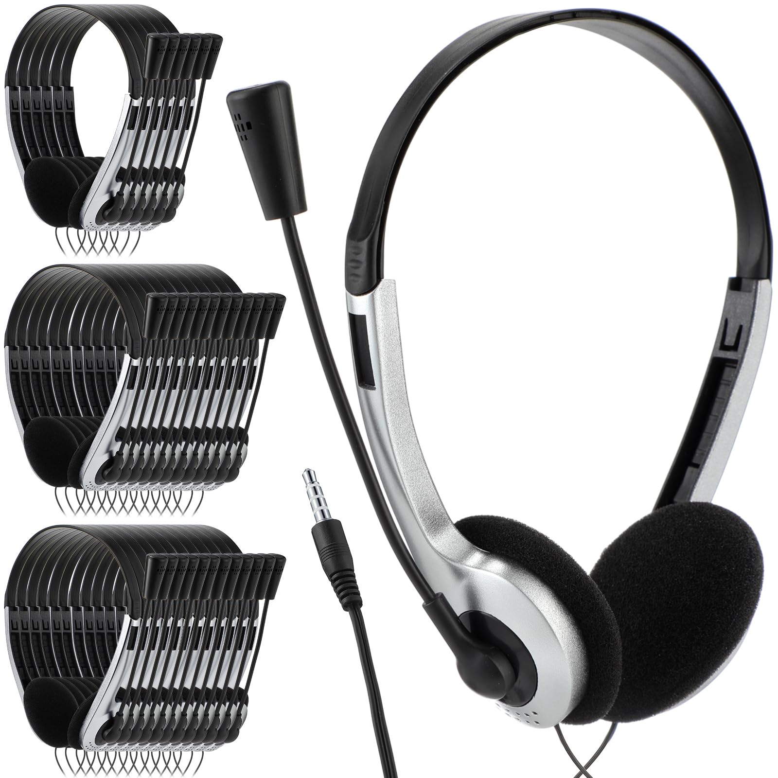 Yunsailing Lot de 30 écouteurs de salle de classe avec microphone pour l'école, les étudiants, les enfants, légers et réglables avec prise jack 3,5 mm (noir argenté, tige en plastique)