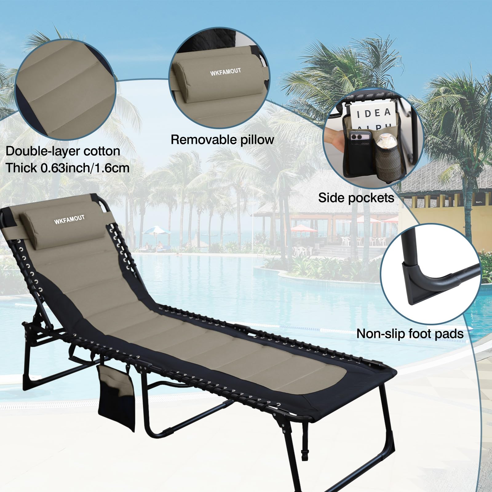 Übergroß Sonnenliege Klappbar Gartenliege 5 Verstellbarer Rückenlehne Outdoor Faltbar XXL Dreibeinliege Strandliege Campingbett bis 150KG mit Kissen Seitentasche 200x68CM Khaki