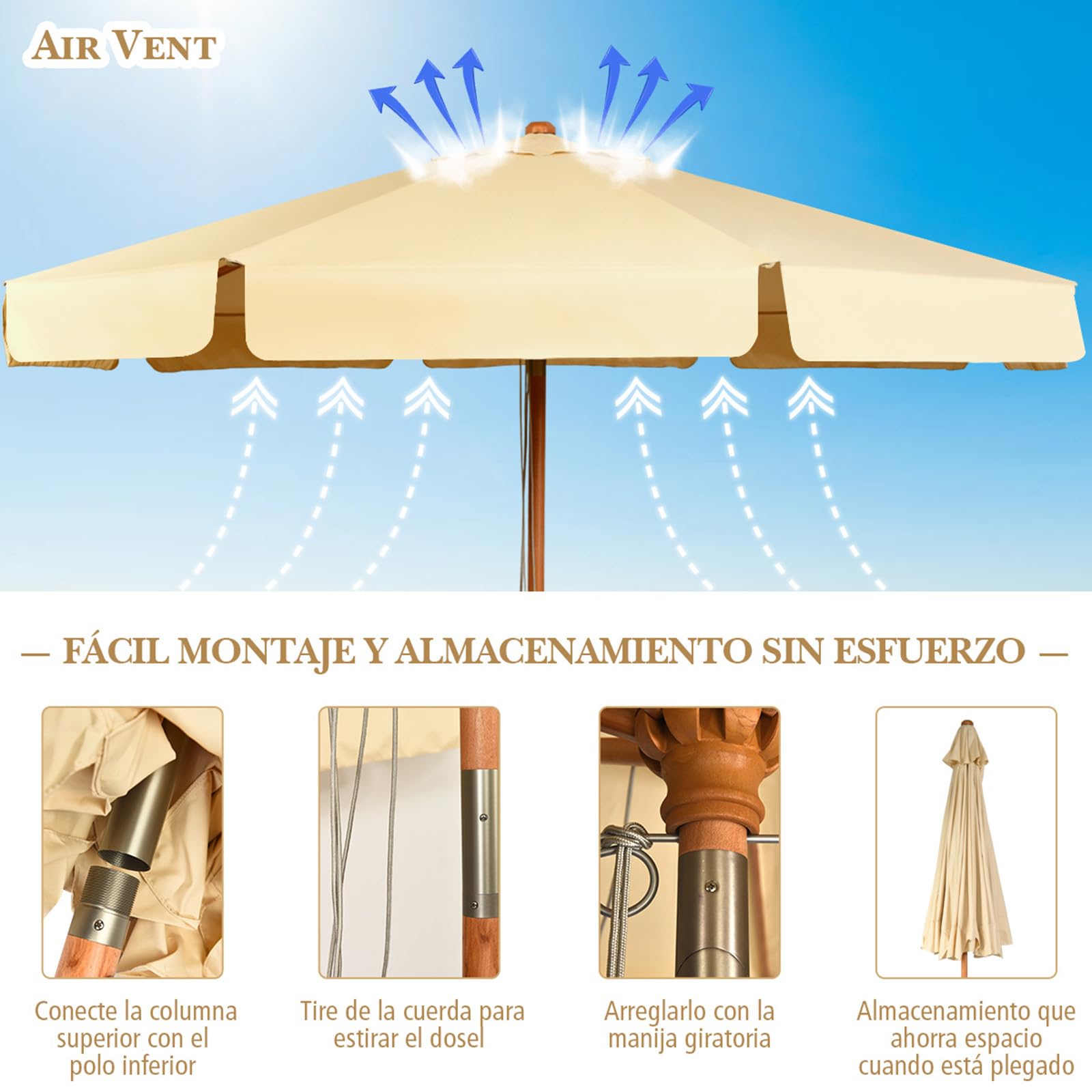 COSTWAY Sombrilla de Ø300cm de Madera Parasol de Jardín Inclinable Sombrilla de Manivela para Playa Jardín Piscina Terraza