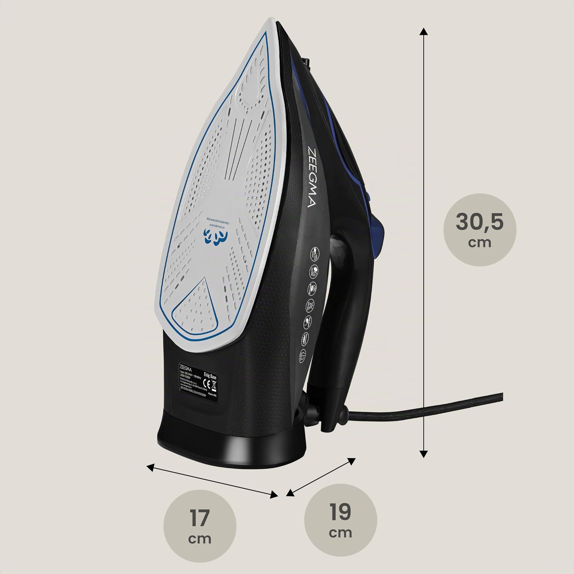 ZEEGMA EISIG BASE Plancha con Cable 3100 W con Revestimiento Cerámico, Planchado a Vapor y en Seco, Salida de Vapor de hasta 40 g/min, Depósito de 320 ml Autolimpieza, Anti-Drip y Anti-Calc